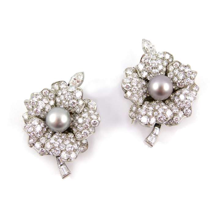 Pair of mid 20th century grey pearl and diamond clip brooches converting to earrings
